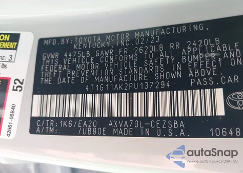 2023 Toyota Camry Se z USA, uszkodzony, nr VIN 4T1G11AK2PU137294